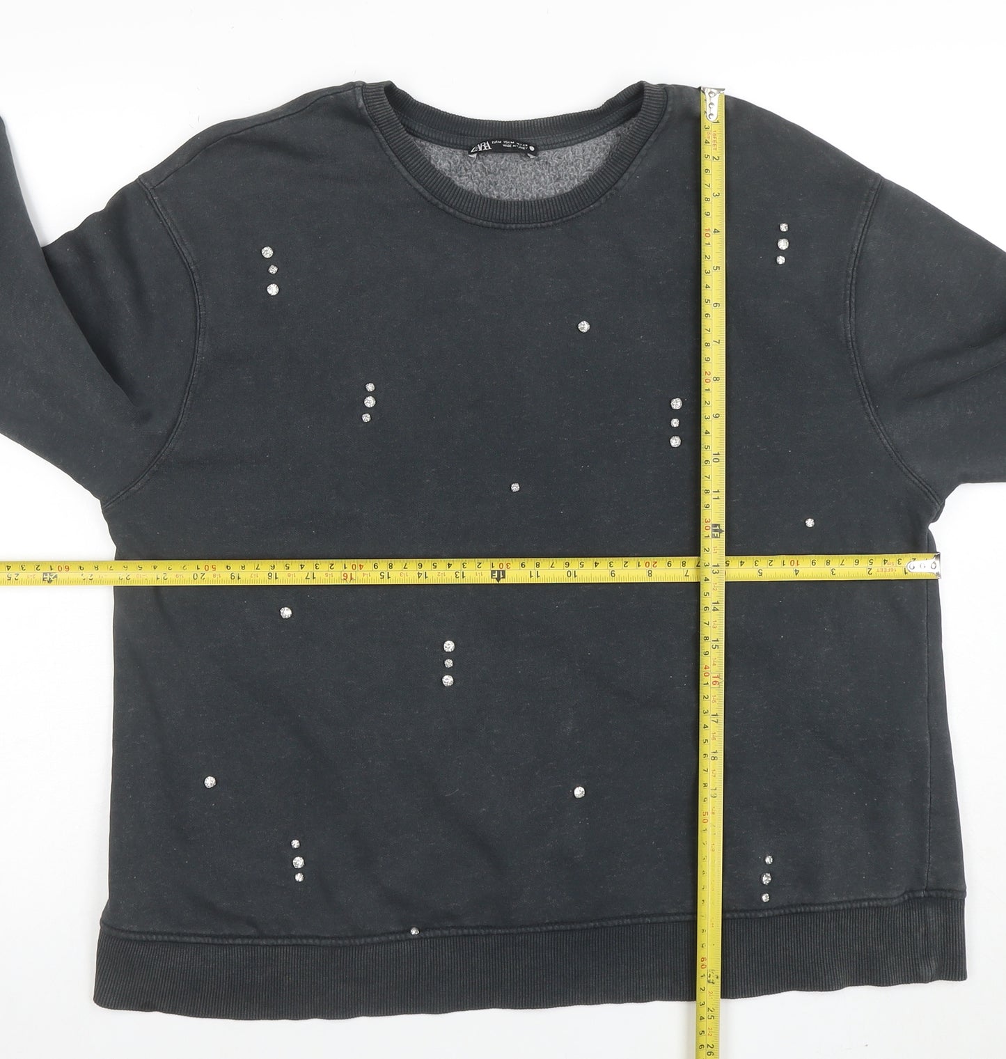 Zara Women Black Studded Pullover Sweatshirt Size M Cotton Blend