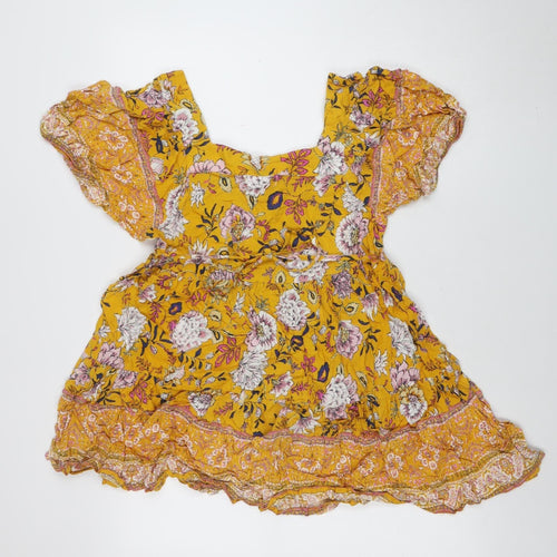 Lottie & Holly Womens Yellow Floral Wrap Dress Size M V-Neck Ruffle Hem