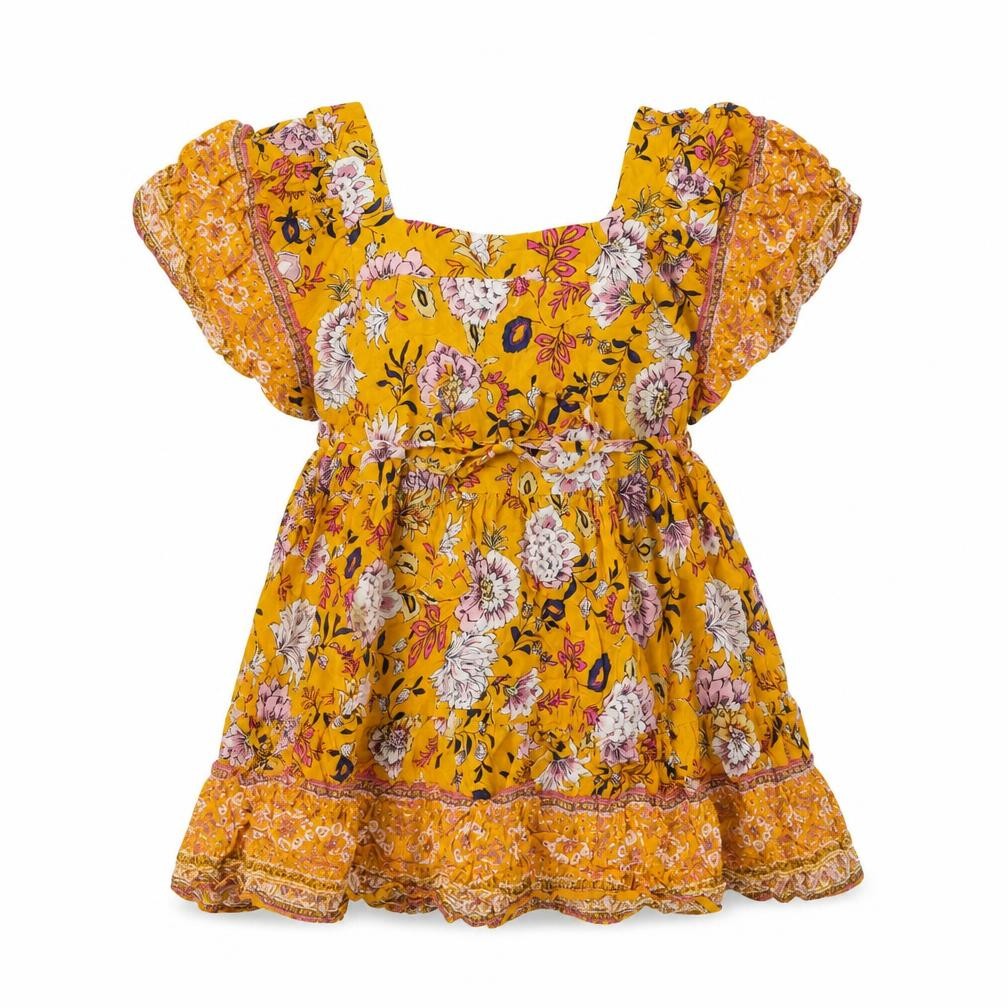 Lottie & Holly Womens Yellow Floral Wrap Dress Size M V-Neck Ruffle Hem