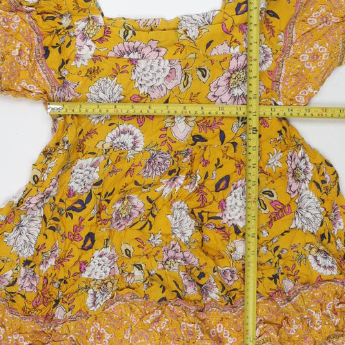 Lottie & Holly Womens Yellow Floral Wrap Dress Size M V-Neck Ruffle Hem
