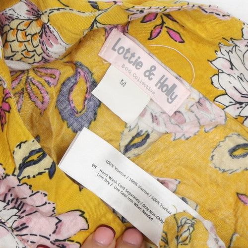 Lottie & Holly Womens Yellow Floral Wrap Dress Size M V-Neck Ruffle Hem
