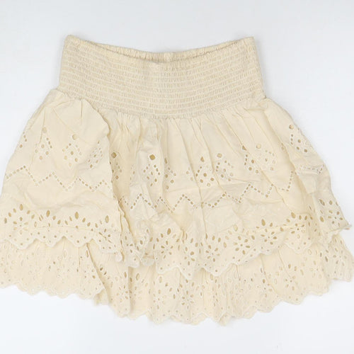 ZARA Women Beige A-Line Embroidered Cotton Short Skirt M