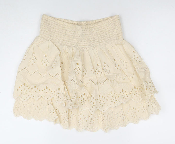 ZARA Women Beige A-Line Embroidered Cotton Short Skirt M
