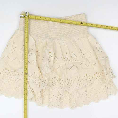 ZARA Women Beige A-Line Embroidered Cotton Short Skirt M