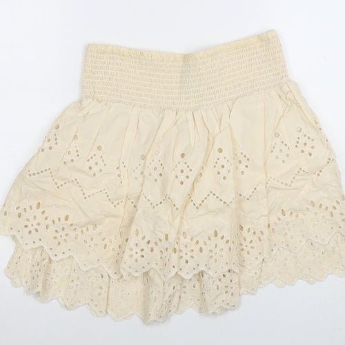ZARA Women Beige A-Line Embroidered Cotton Short Skirt M