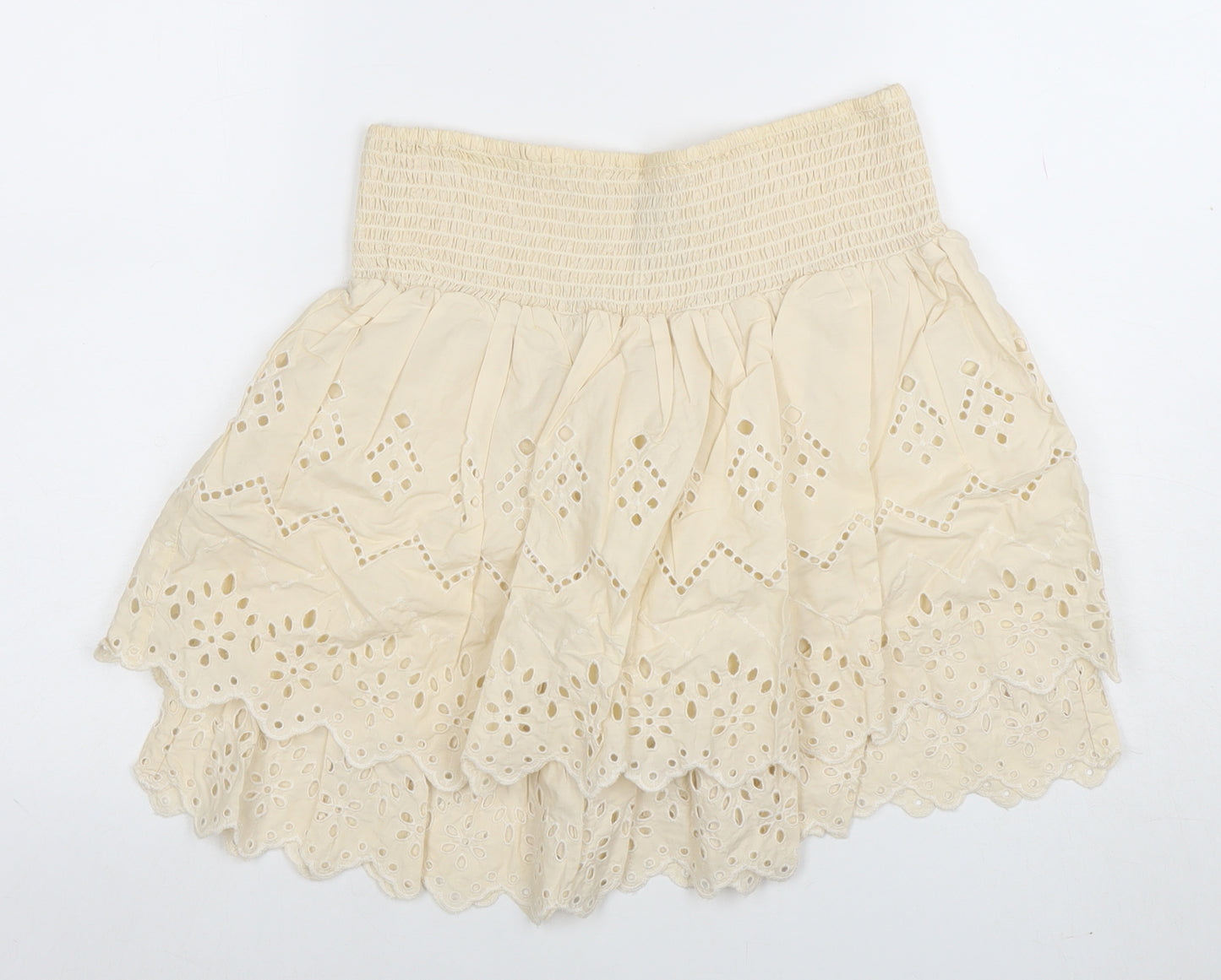 ZARA Women Beige A-Line Embroidered Cotton Short Skirt M