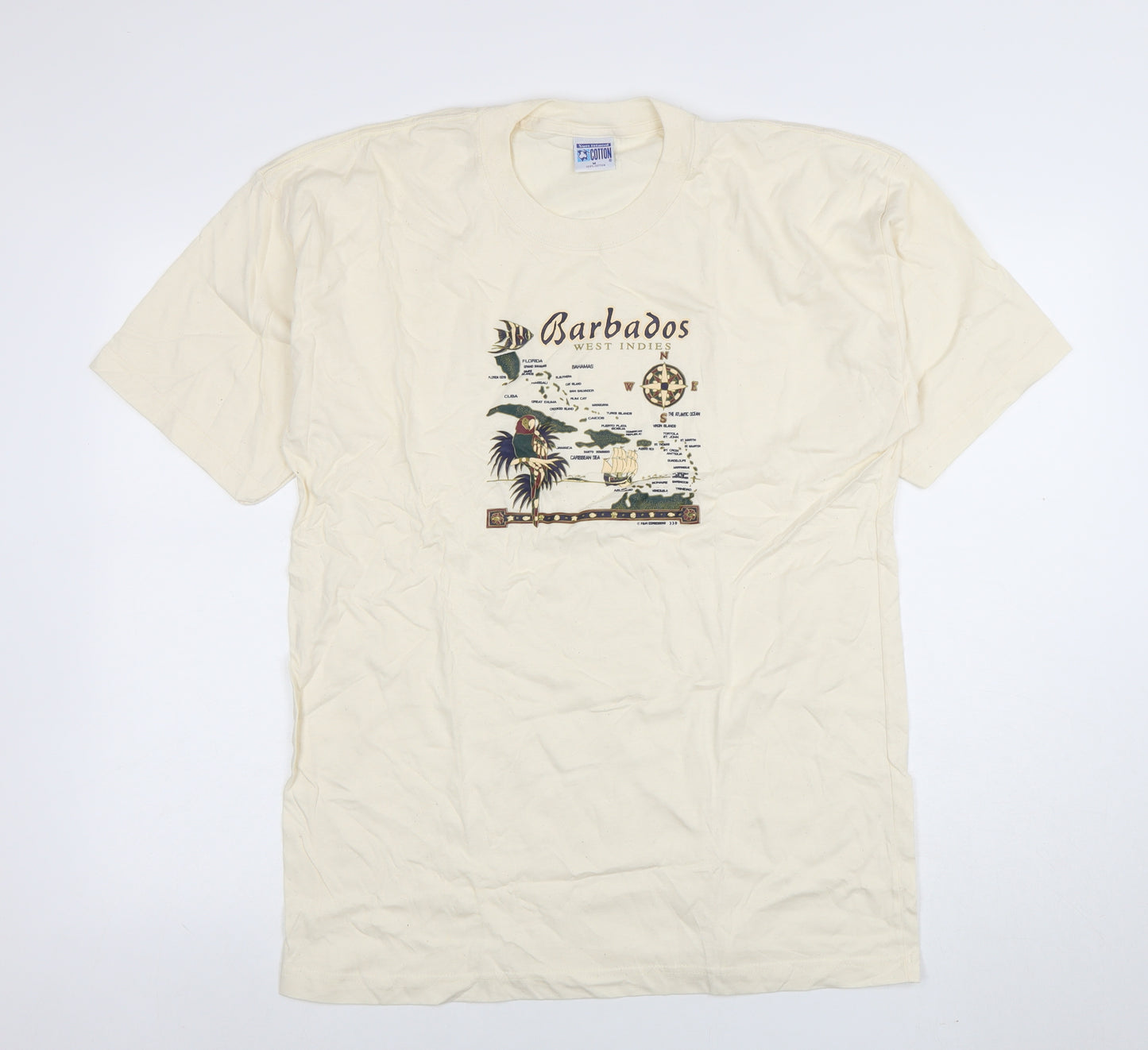 Twin Island Cotton Men's Beige Barbados Graphic T-Shirt M Vintage 100% Cotton
