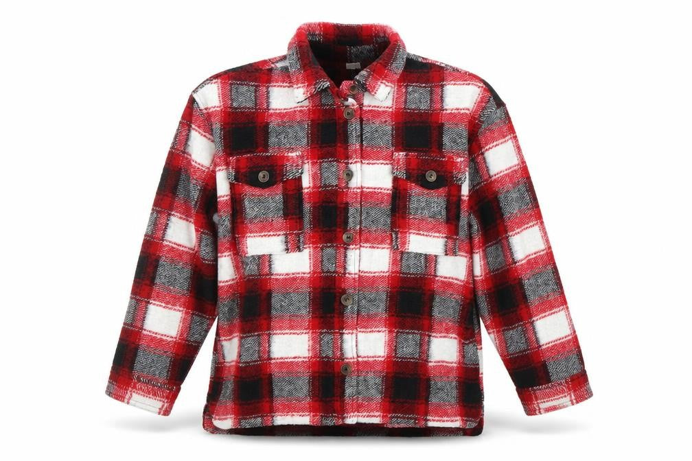 Front view of Next girls’ red check flannel shirt jacket 12 years button long sleeve