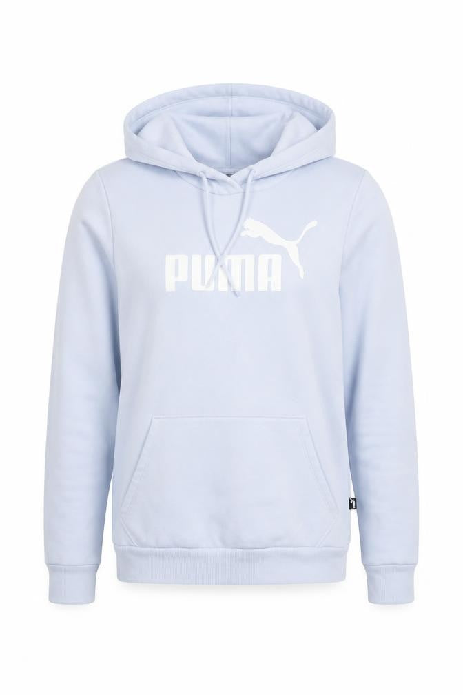 Front view of Puma women’s light blue xs pullover hoodie cotton blend logo sweatshirt