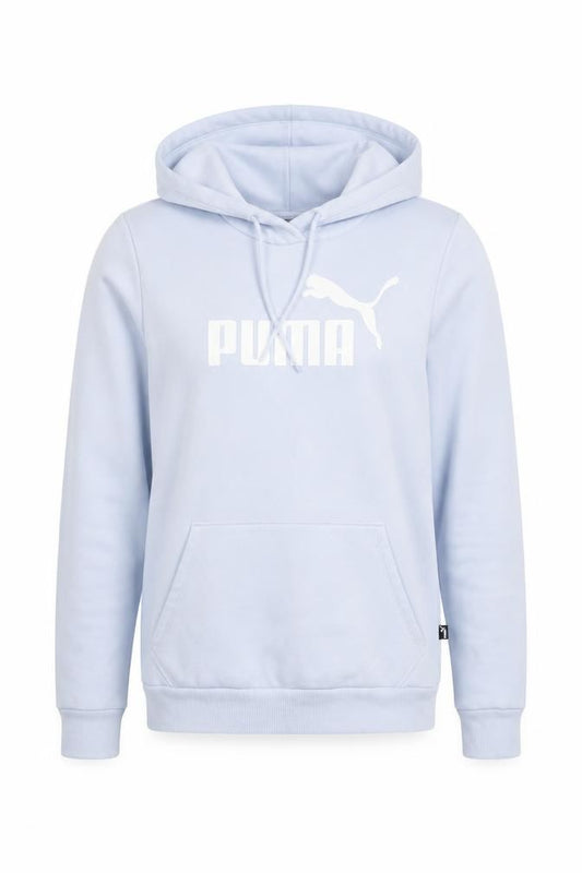 Front view of Puma women’s light blue xs pullover hoodie cotton blend logo sweatshirt