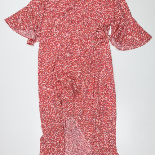 Glamorous Women’s Red Floral Wrap Midi Dress Size 14 V-Neck Flutter Sleeve