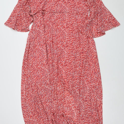 Glamorous Women’s Red Floral Wrap Midi Dress Size 14 V-Neck Flutter Sleeve
