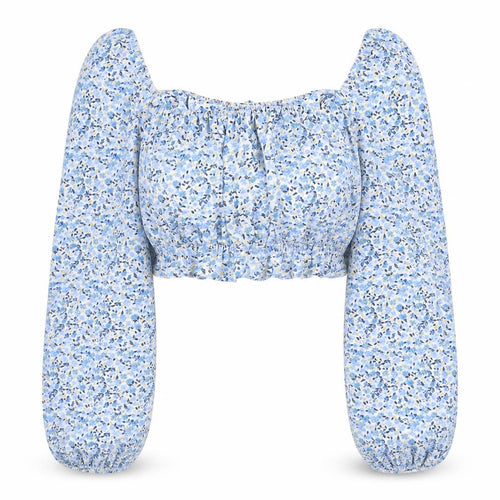 New Look Women's Blue Floral Cropped Puff Sleeve Blouse Size 14