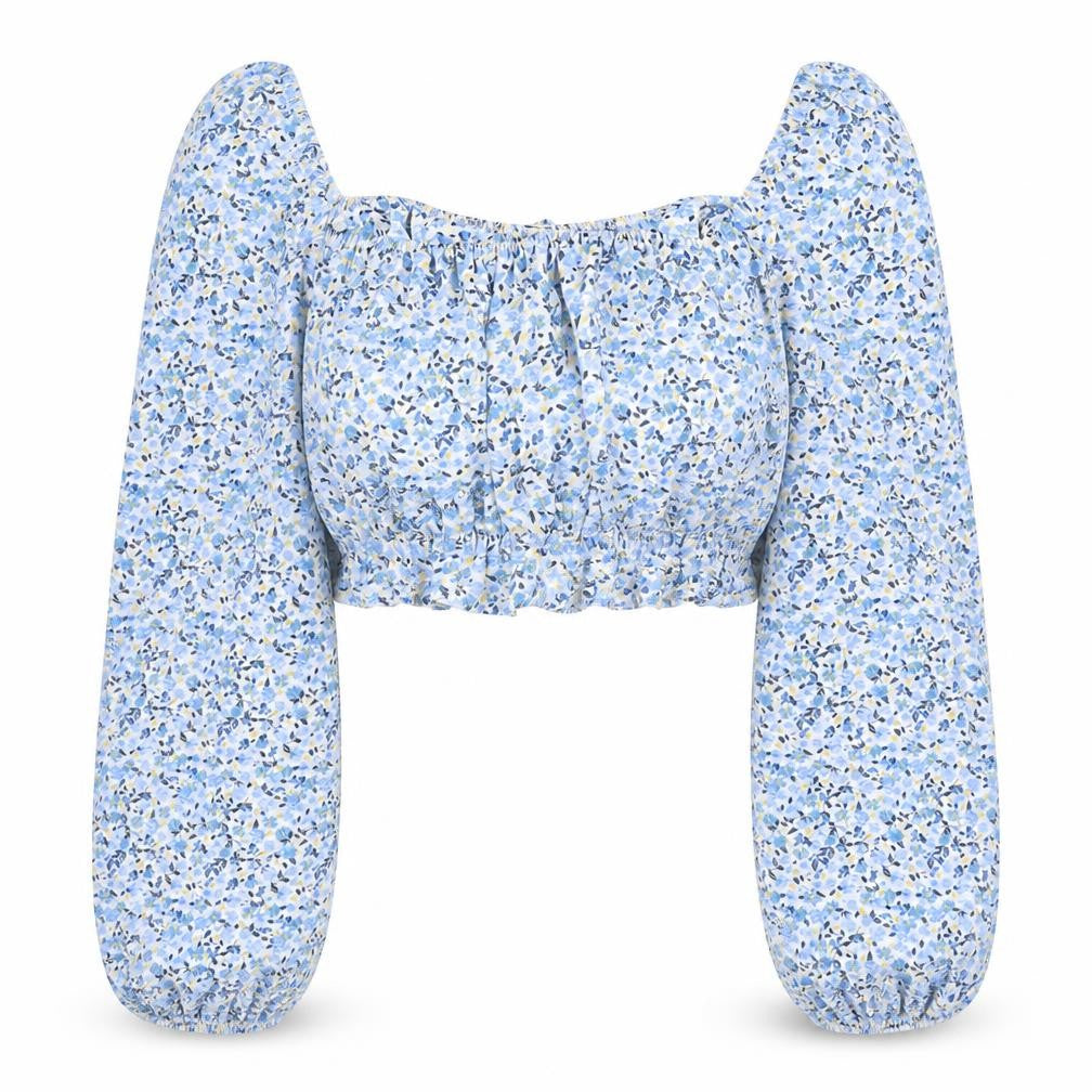 New Look Women's Blue Floral Cropped Puff Sleeve Blouse Size 14