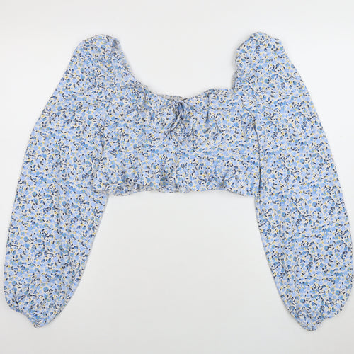 New Look Women's Blue Floral Cropped Puff Sleeve Blouse Size 14