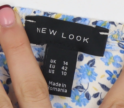 New Look Women's Blue Floral Cropped Puff Sleeve Blouse Size 14