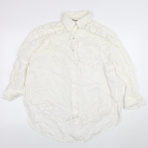 ZARA Womens Ivory Lace Long Sleeve Button-Up Shirt Size M