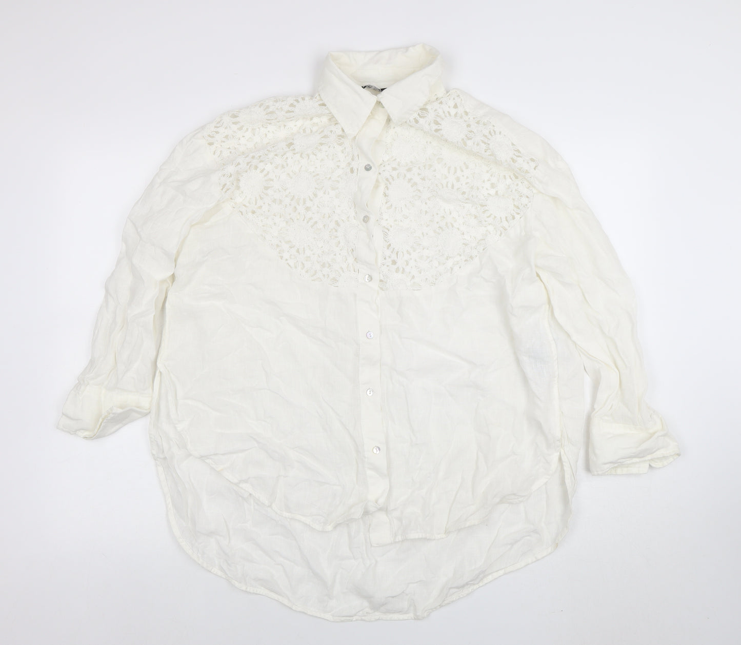 ZARA Womens Ivory Lace Long Sleeve Button-Up Shirt Size M