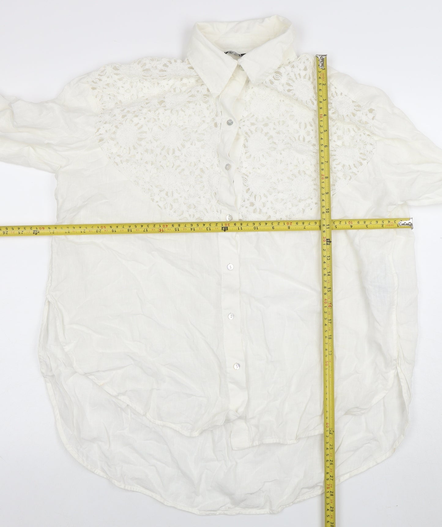 ZARA Womens Ivory Lace Long Sleeve Button-Up Shirt Size M
