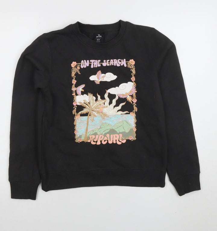 Rip Curl Girls Black Graphic Print Cotton Sweatshirt 14 Years Regular Fit