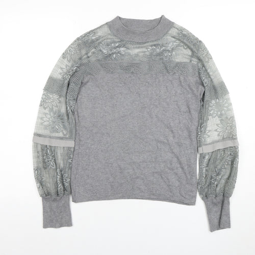 AngelEye London Women's Grey Lace Sleeve High Neck Blouse Size S