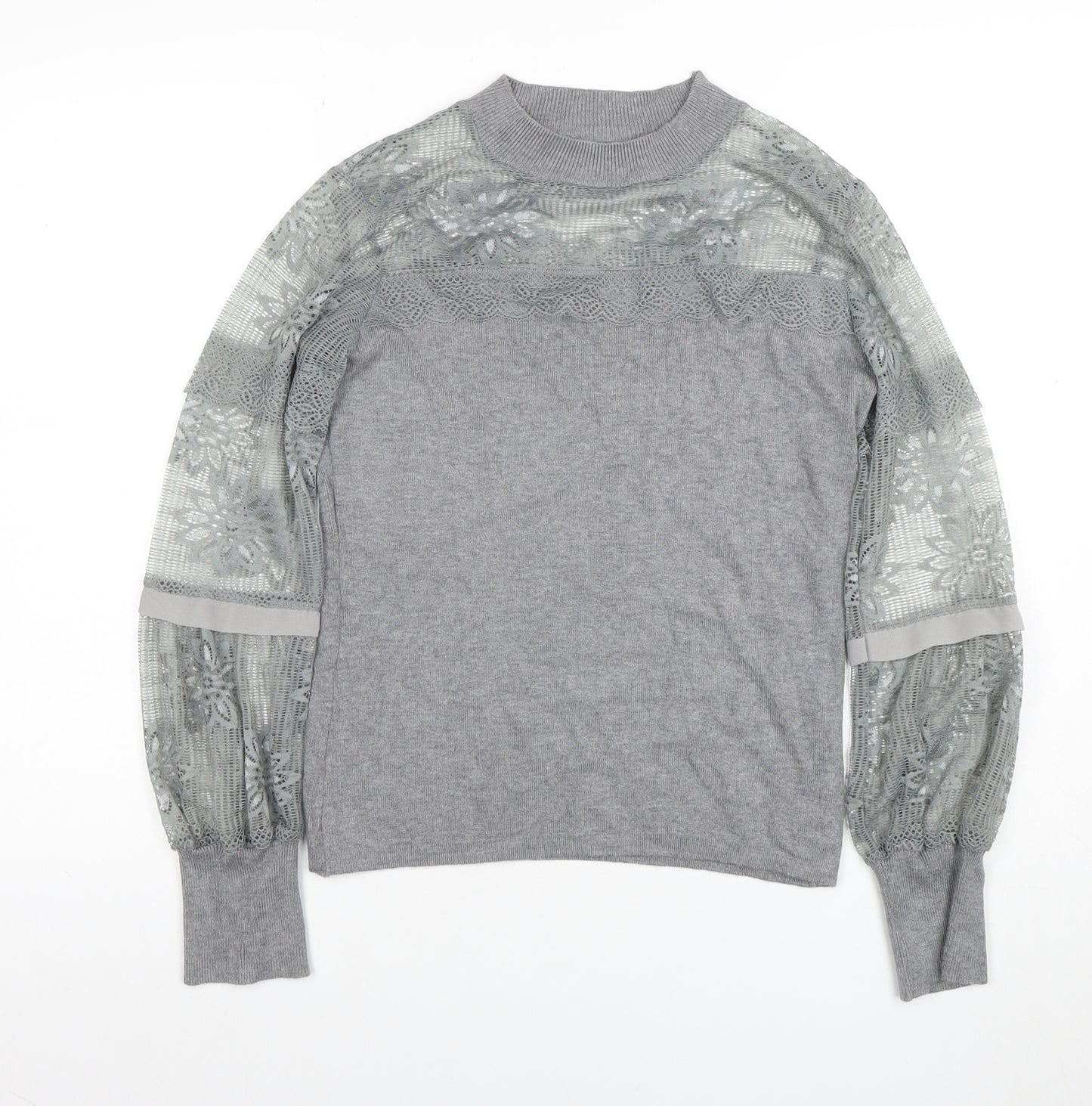 AngelEye London Women's Grey Lace Sleeve High Neck Blouse Size S