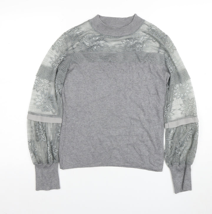 AngelEye London Women's Grey Lace Sleeve High Neck Blouse Size S