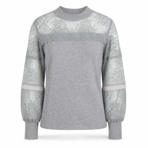 AngelEye London Women's Grey Lace Sleeve High Neck Blouse Size S