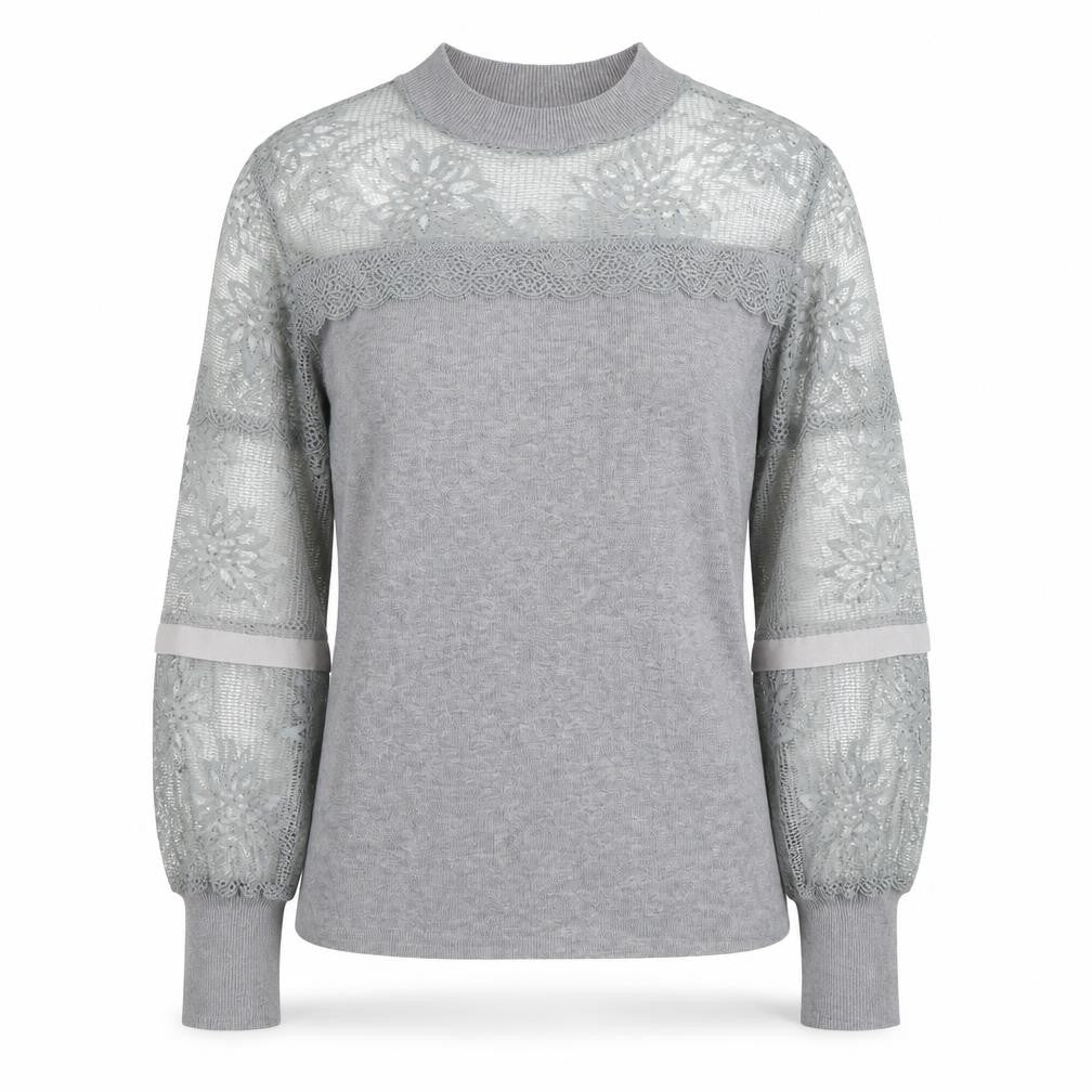 AngelEye London Women's Grey Lace Sleeve High Neck Blouse Size S