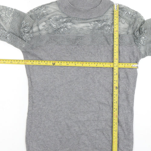 AngelEye London Women's Grey Lace Sleeve High Neck Blouse Size S