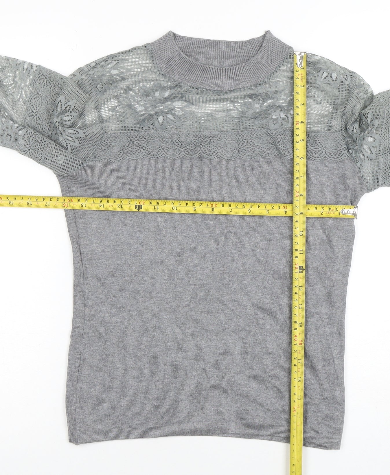 AngelEye London Women's Grey Lace Sleeve High Neck Blouse Size S