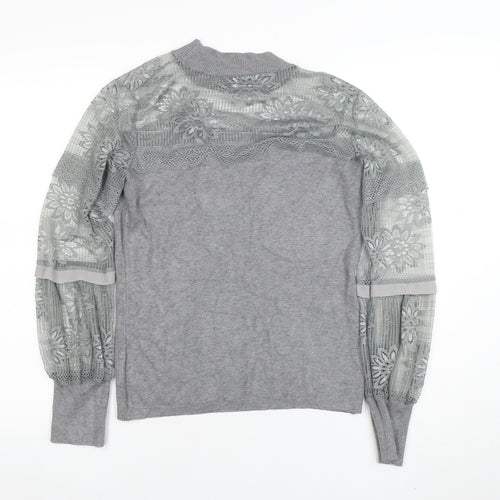 AngelEye London Women's Grey Lace Sleeve High Neck Blouse Size S