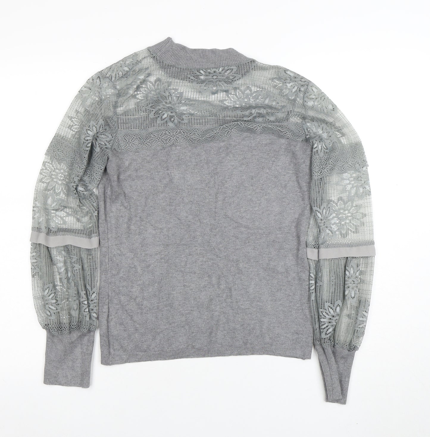 AngelEye London Women's Grey Lace Sleeve High Neck Blouse Size S