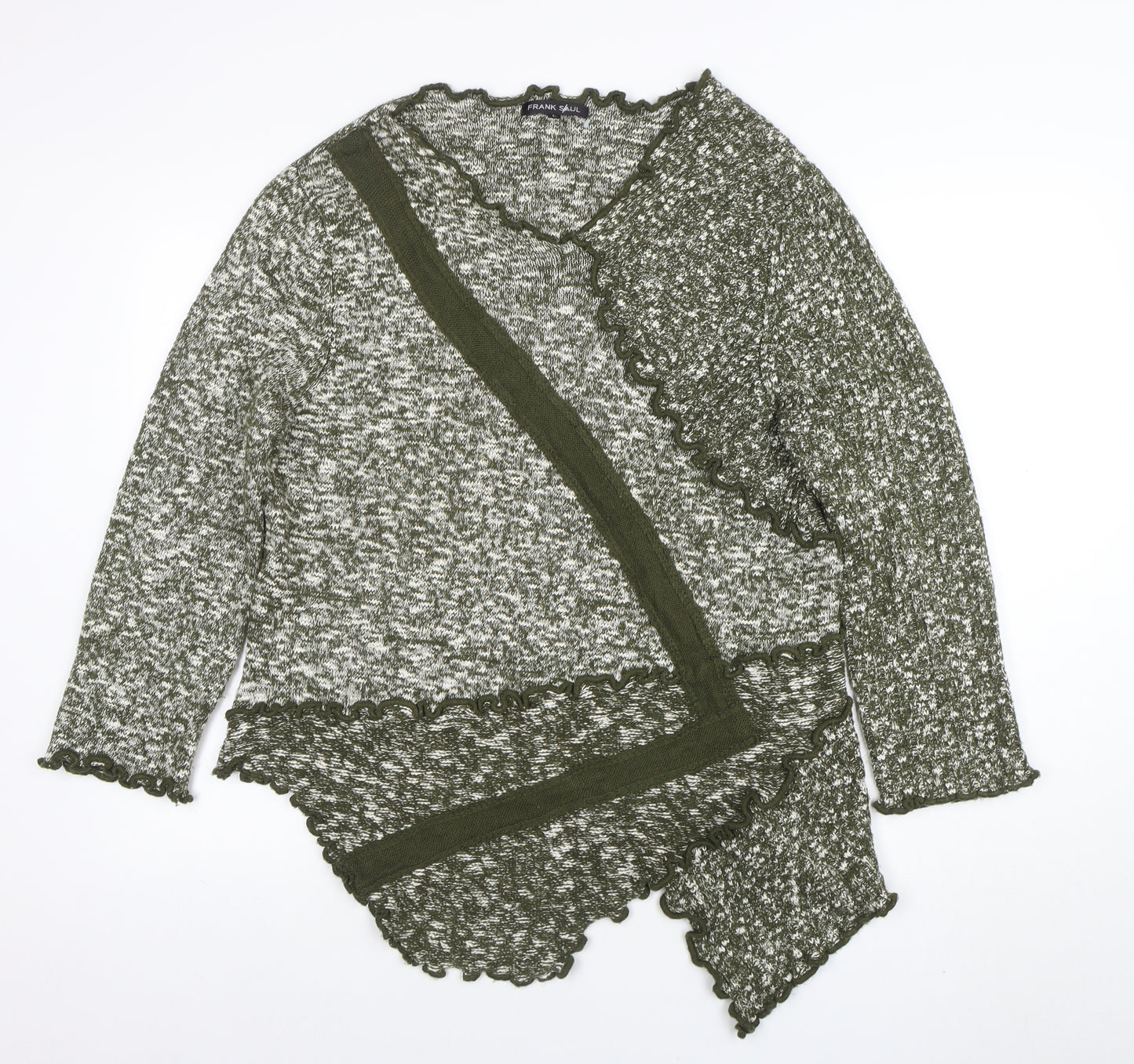 Frank Saul Women’s Green Knit Wrap Jumper L Long Sleeve Ruffle Trim