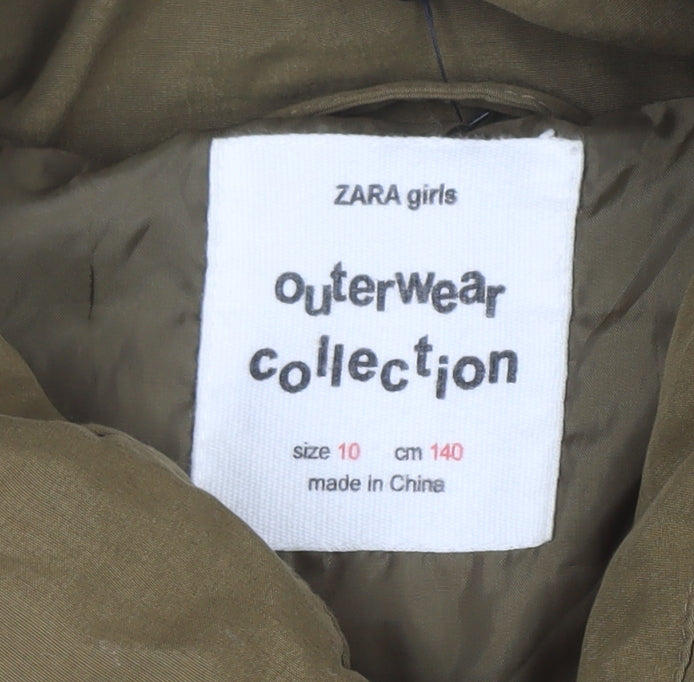 ZARA Girls Brown Puffer Jacket Size 10 Years Hooded Winter Zip Coat
