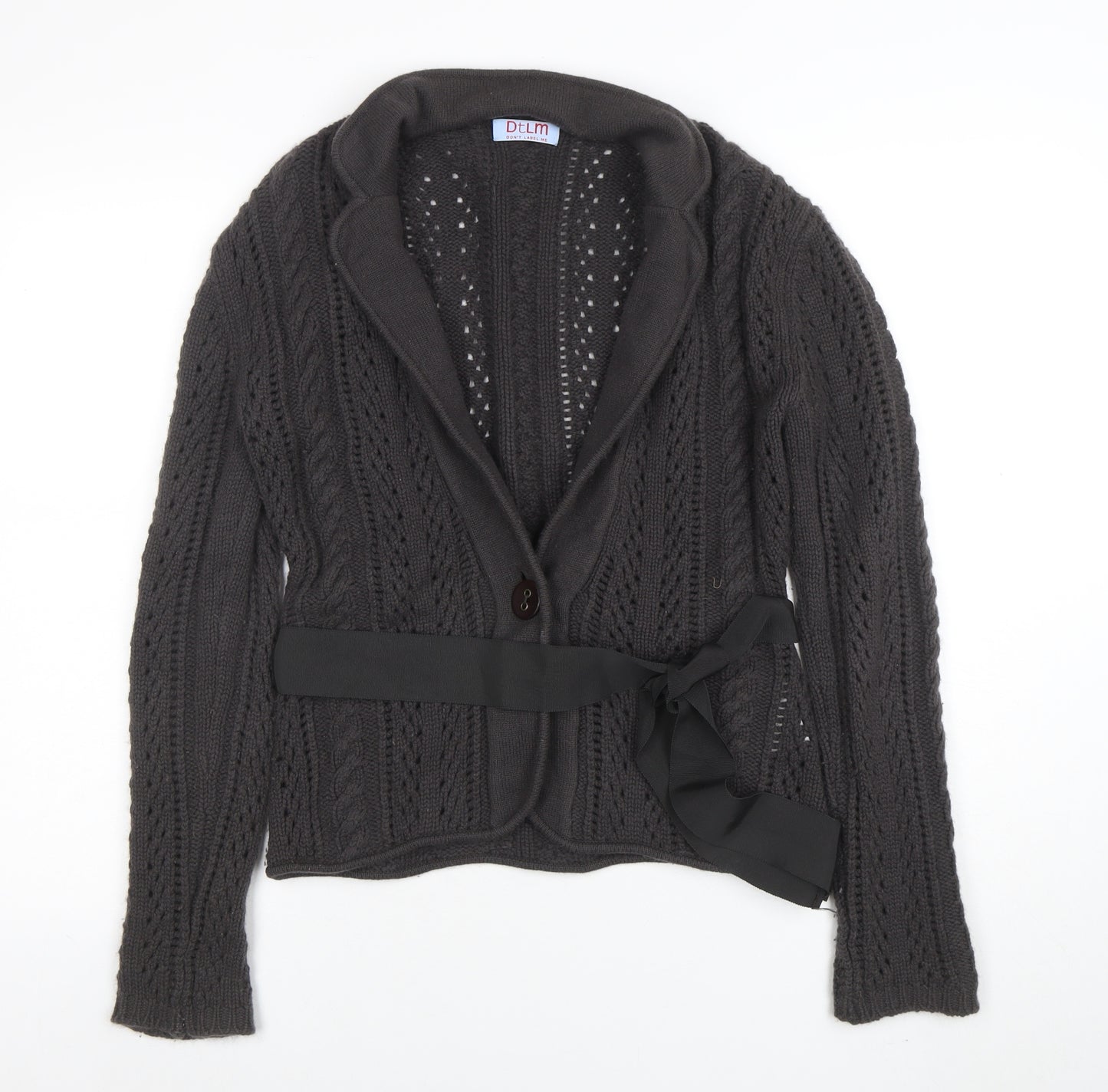 DtLM Women Black 12 Cable-Knit Belted Cardigan 100% Cashmere