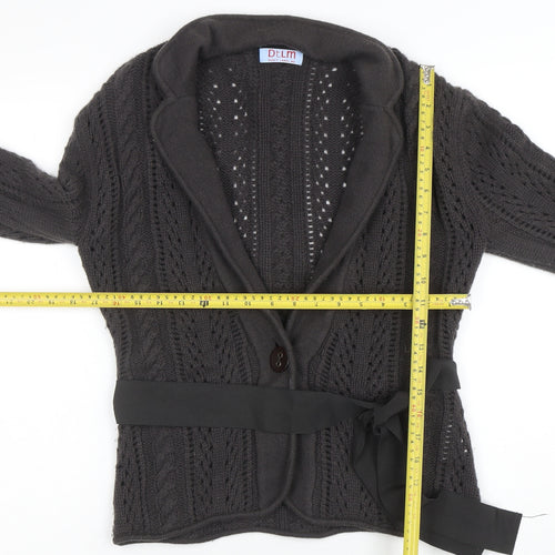 DtLM Women Black 12 Cable-Knit Belted Cardigan 100% Cashmere