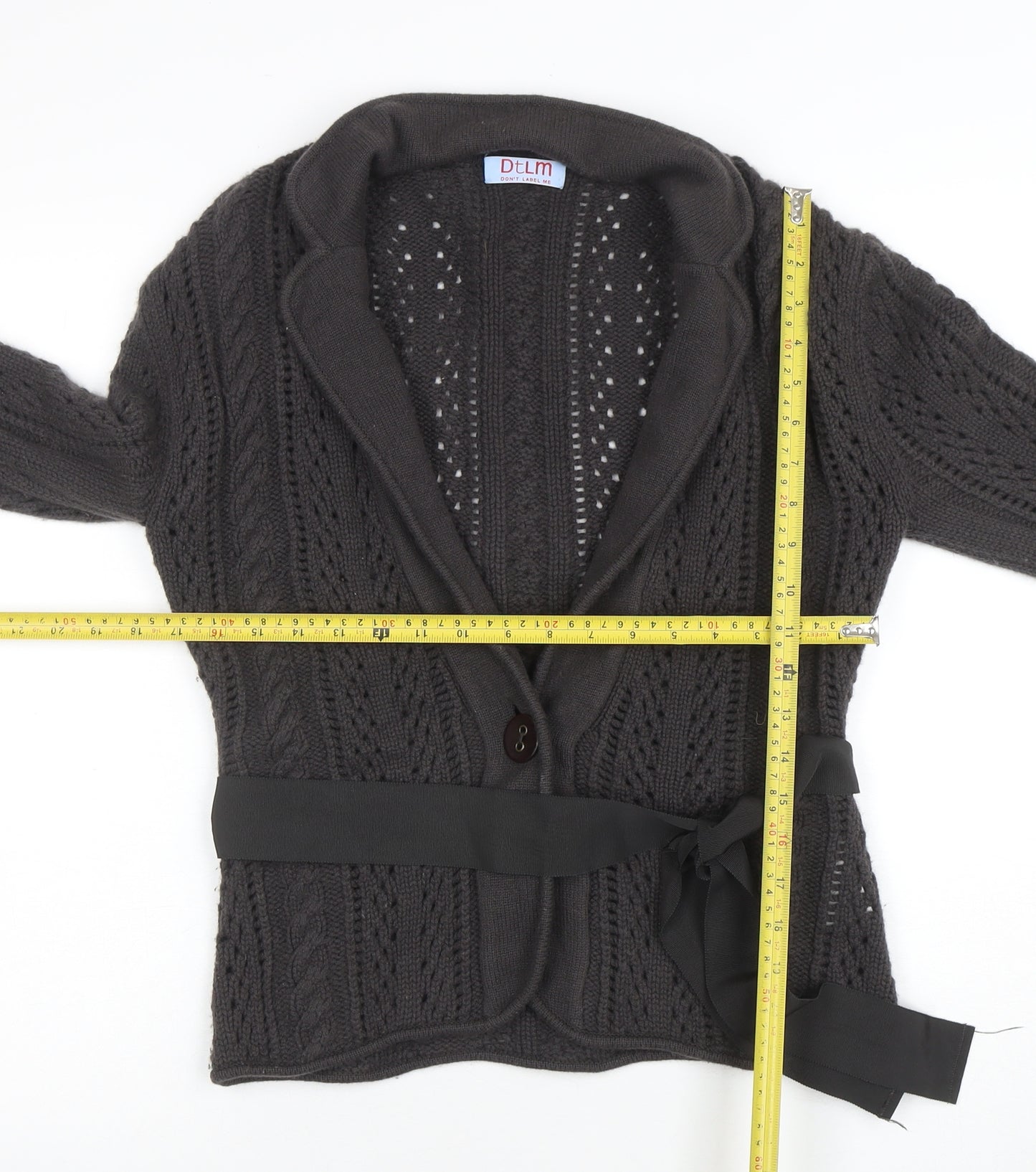 DtLM Women Black 12 Cable-Knit Belted Cardigan 100% Cashmere