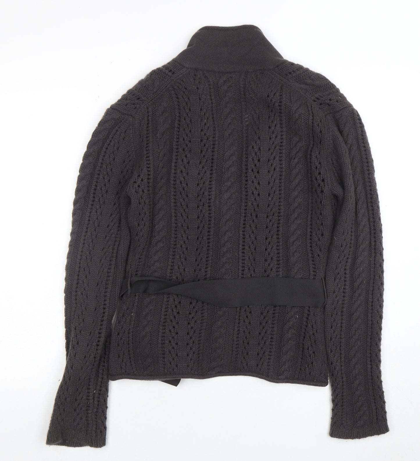 DtLM Women Black 12 Cable-Knit Belted Cardigan 100% Cashmere