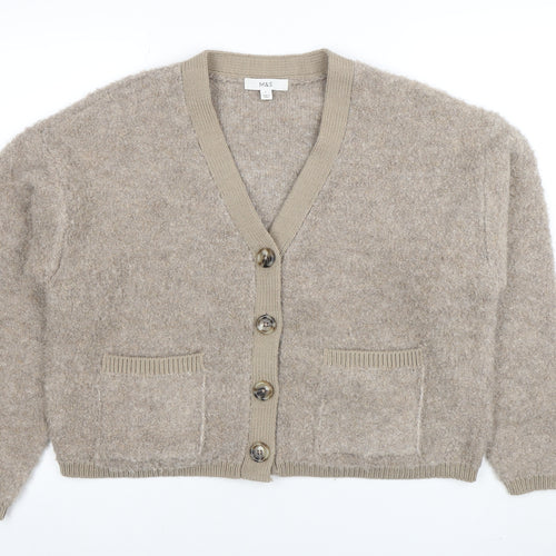 Marks and Spencer Women Beige V-Neck Cardigan L Knit Wool Blend