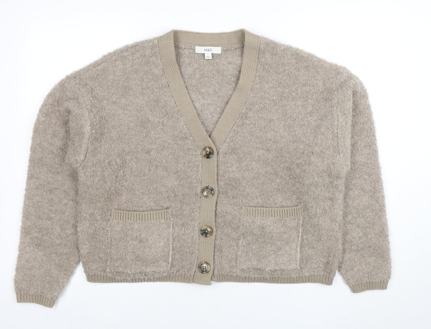 Marks and Spencer Women Beige V-Neck Cardigan L Knit Wool Blend