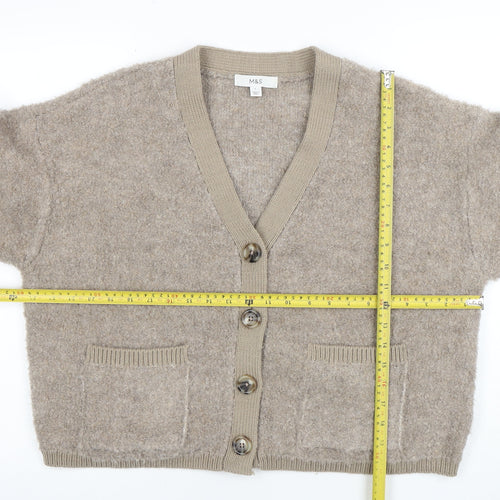 Marks and Spencer Women Beige V-Neck Cardigan L Knit Wool Blend