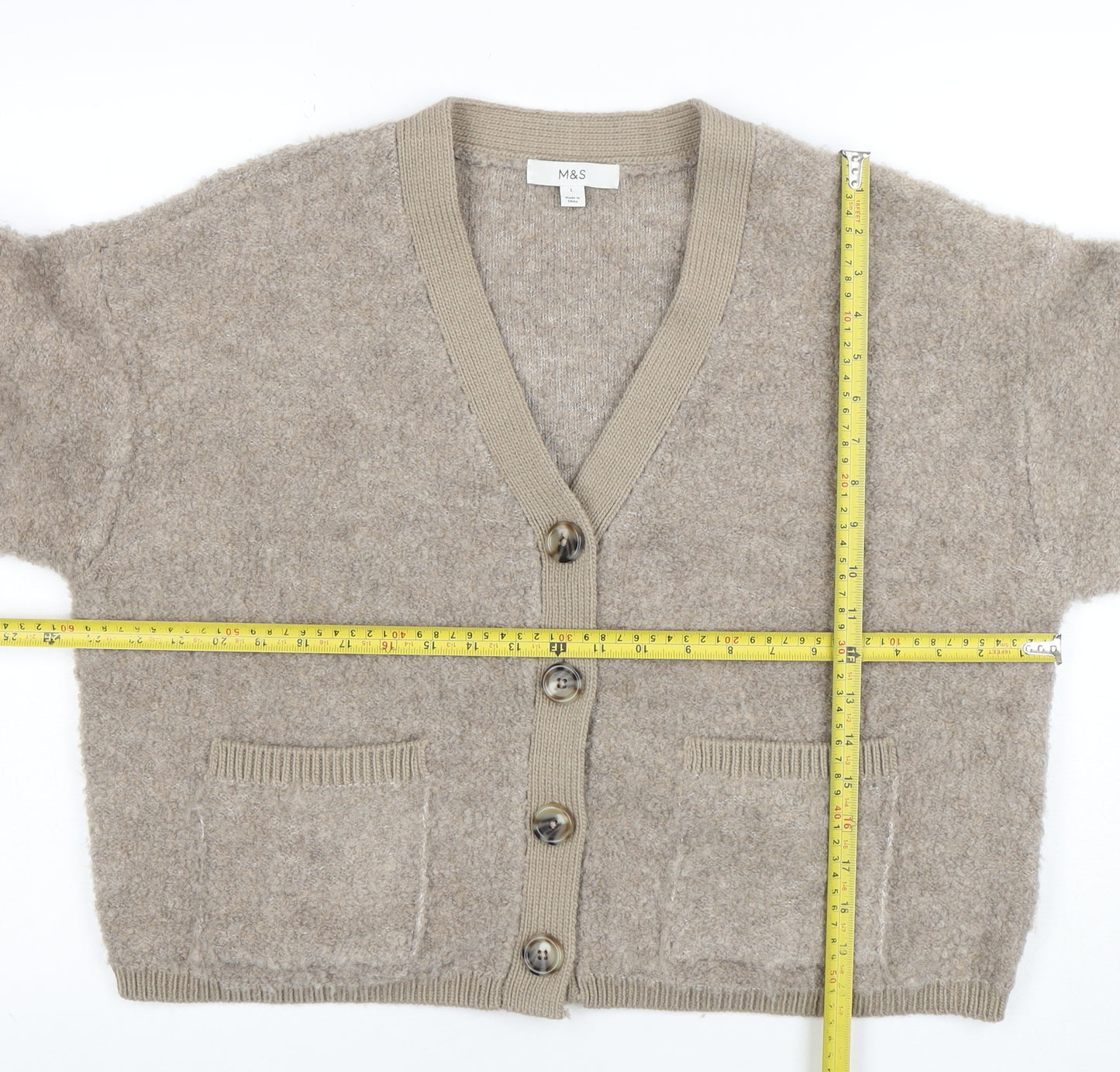 Marks and Spencer Women Beige V-Neck Cardigan L Knit Wool Blend