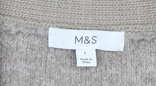 Marks and Spencer Women Beige V-Neck Cardigan L Knit Wool Blend