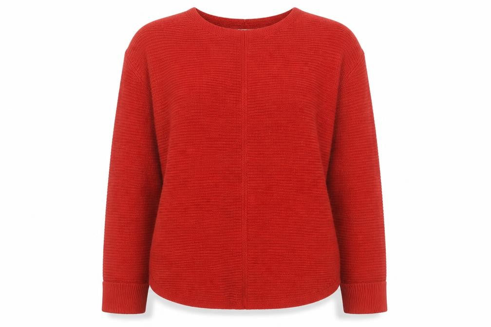 Front view of White Stuff Women’s Red Merino Wool Long Sleeve Crew Neck jumper, size UK 12