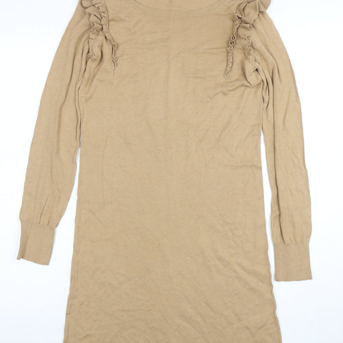 Oasis Women’s Beige Ruffle Long Sleeve Cotton Knit Jumper XS