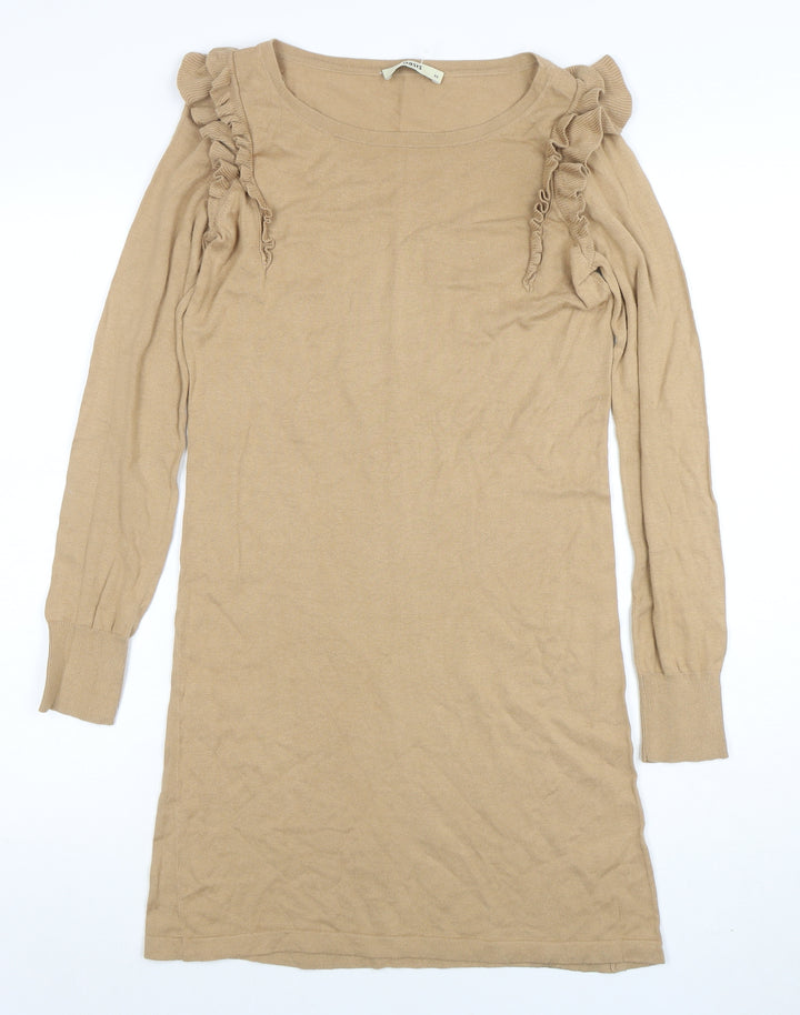 Oasis Women’s Beige Ruffle Long Sleeve Cotton Knit Jumper XS