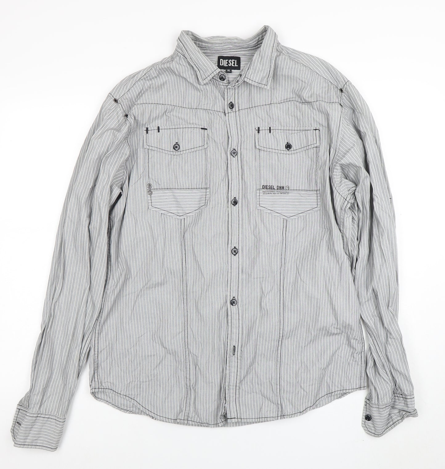Diesel Men’s Grey Striped Cotton Long Sleeve Button-Up Shirt XL