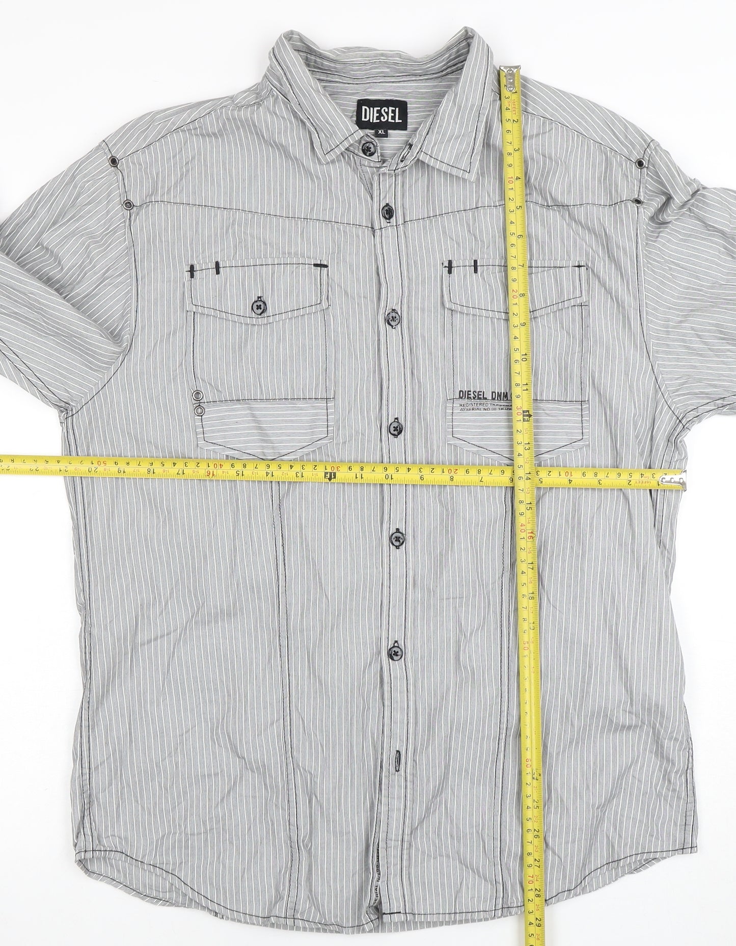 Diesel Men’s Grey Striped Cotton Long Sleeve Button-Up Shirt XL