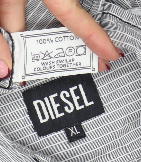Diesel Men’s Grey Striped Cotton Long Sleeve Button-Up Shirt XL